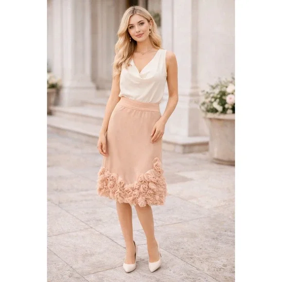 Talbots Silk Skirt 8P Petite Blush 3D Floral Rosette Hem Romantic Cottagecore - Picture 2 of 16